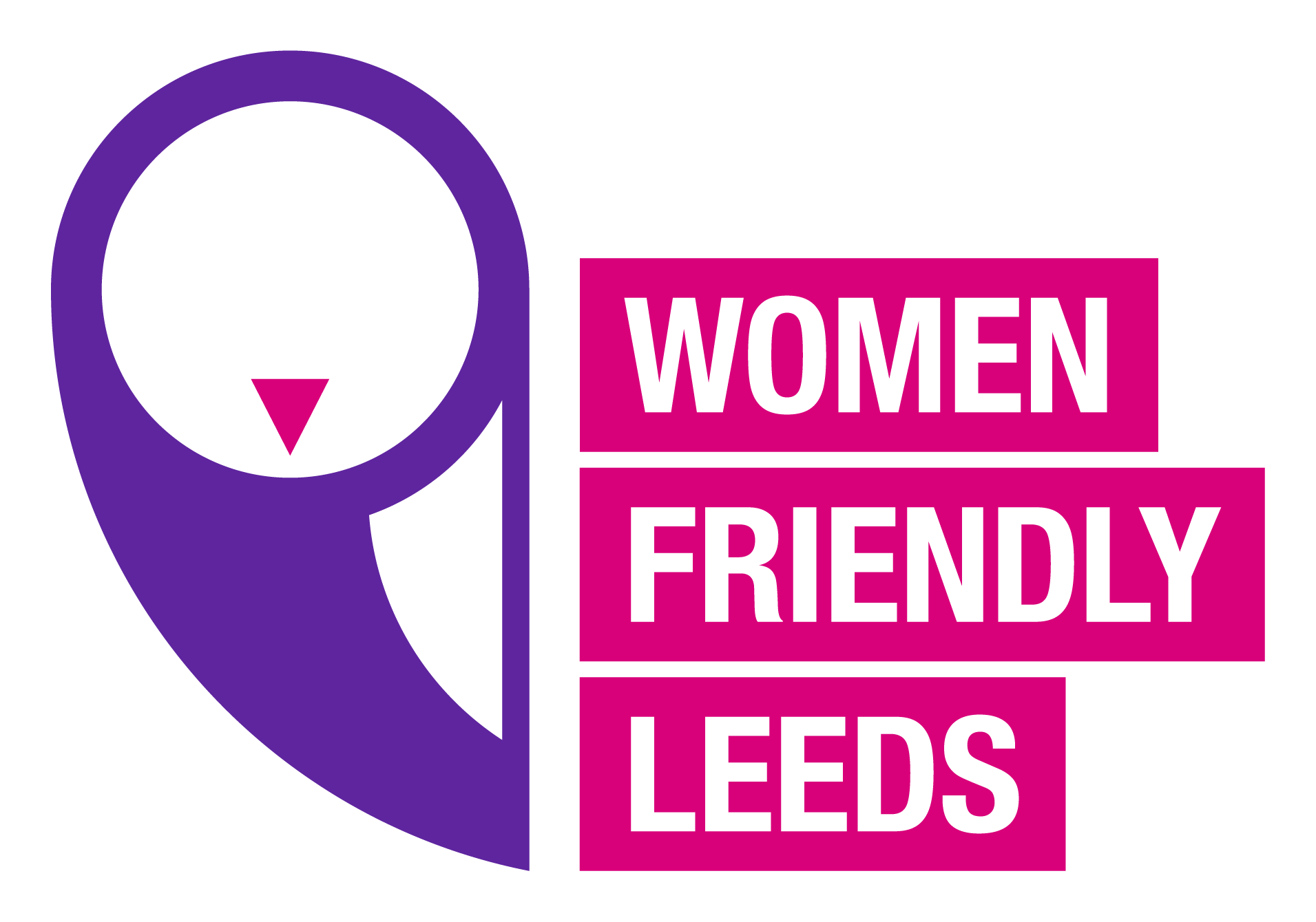 Women Friendly Leeds Logo. Purple Logo with pink background for text.