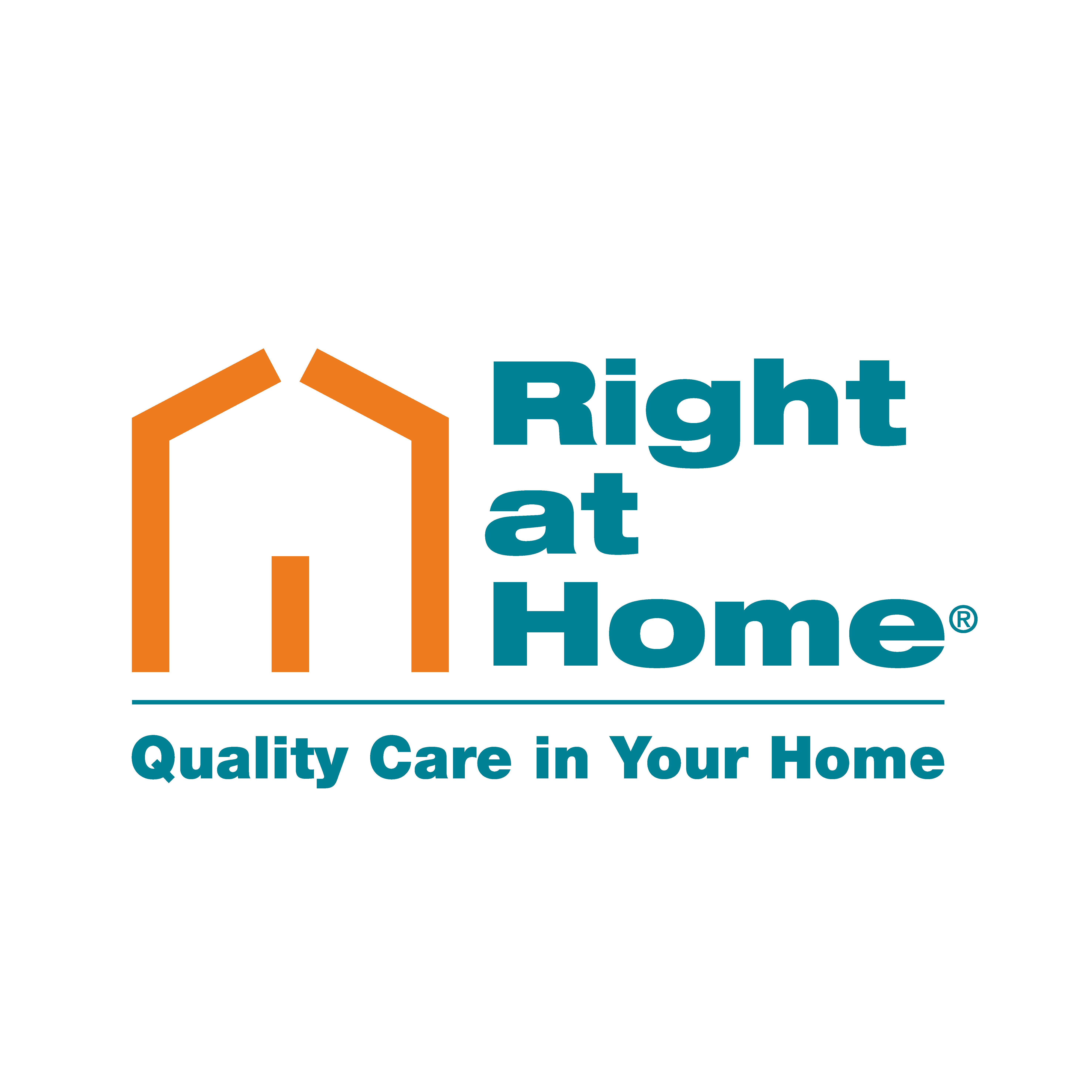 An orange outline of a house next to blue text reading 'Right At Home' and underneath 'quality care in your home'