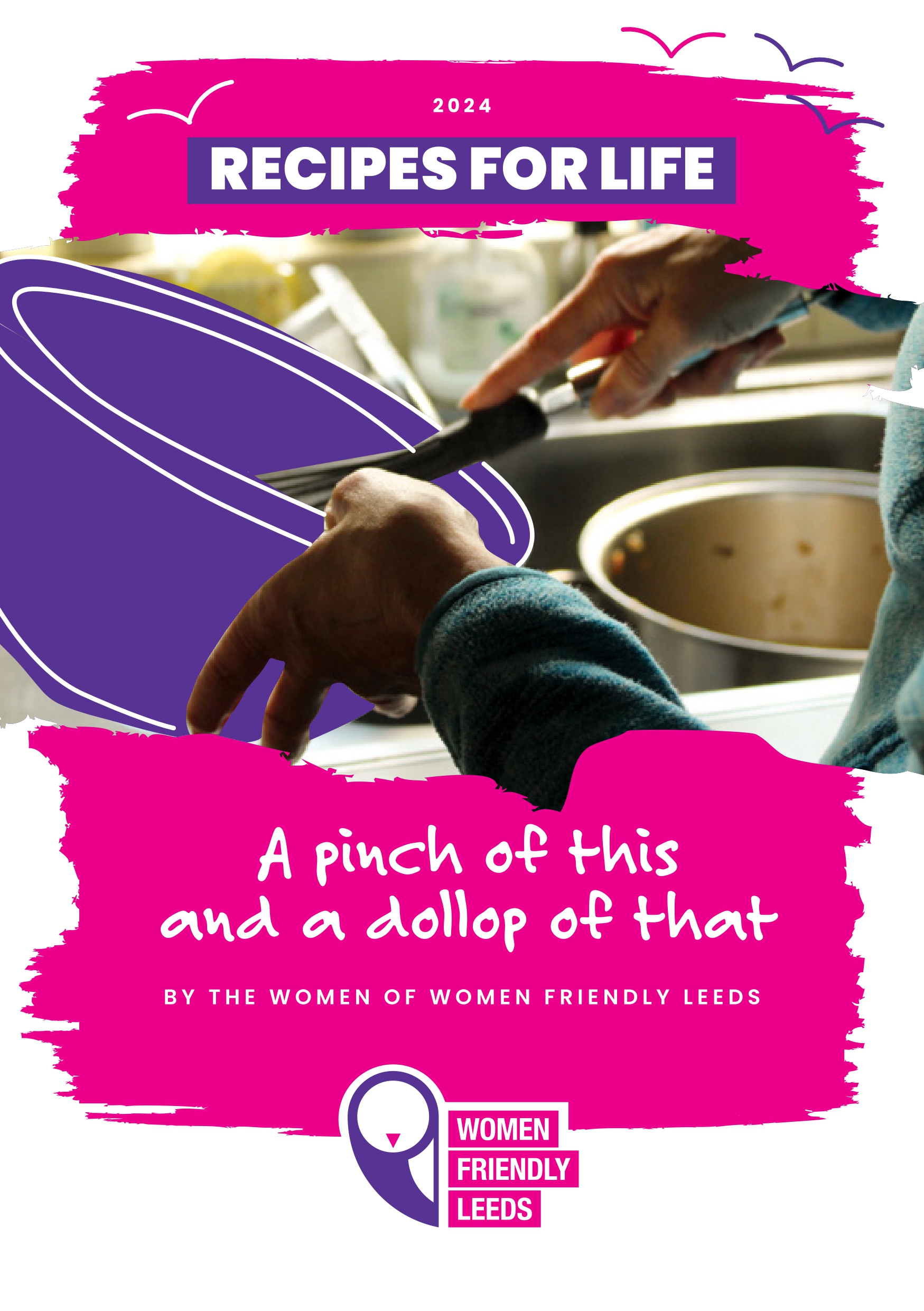 a picture of pots and pans with a pink background and text reading recipes for life
